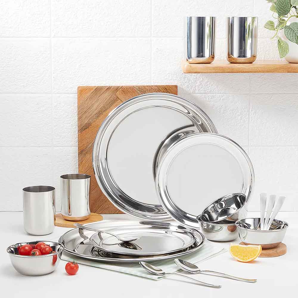 Borosil 30 Piece Stainless Steel Dinner Set | Complete Dining Set | Rust Resistant | Mirror Finish