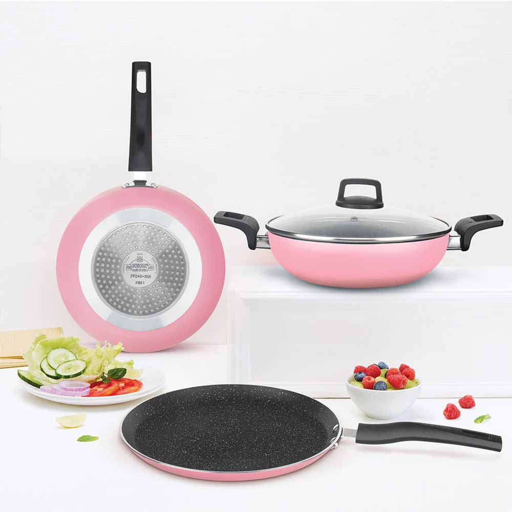 Borosil Festive Glory Cookware Set Pink | Non Stick Granite Coating | Induction & Gas Compatible