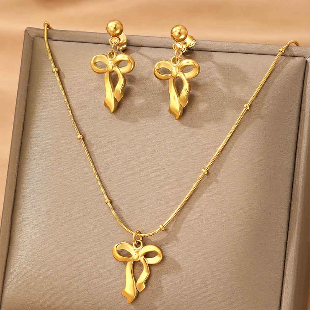 Salty Golden Bow Elegance Jewelry Set | Gold Tone Necklace & Bow Drop Earrings | Minimal Ribbon Design | Elegant Gift Set