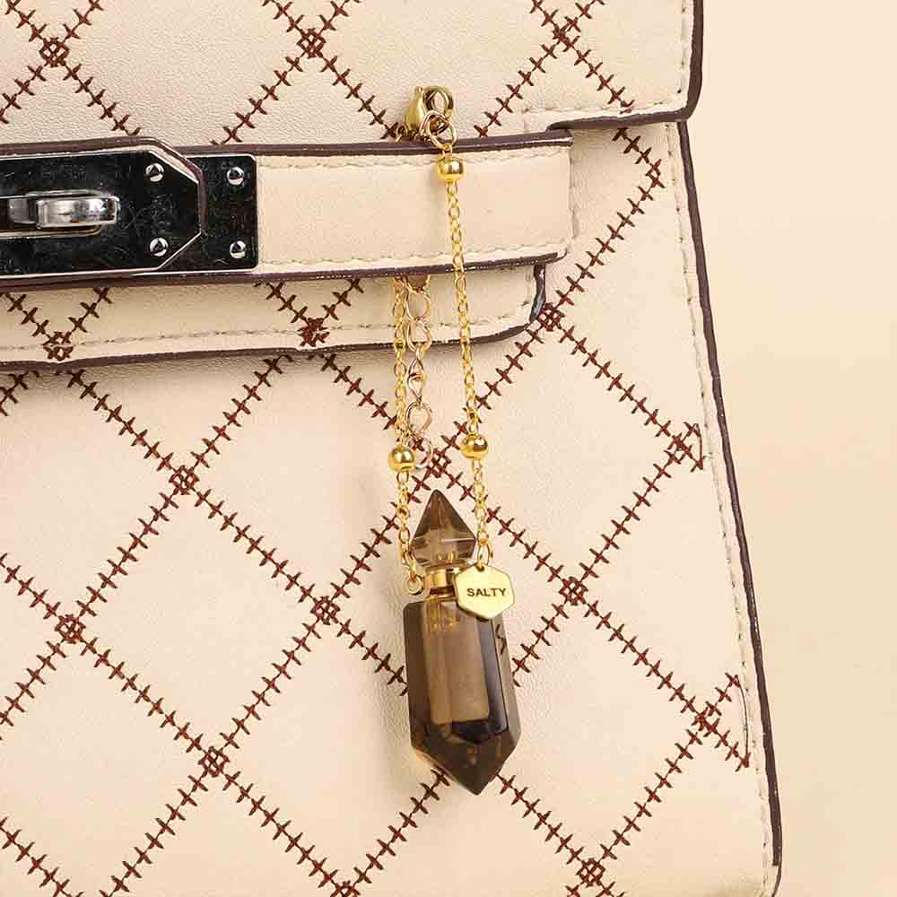 Salty Shungite Perfume Bottle Charm | Gold & Black | Natural Crystal | Geometric Design | Stylish Keychain Accessory