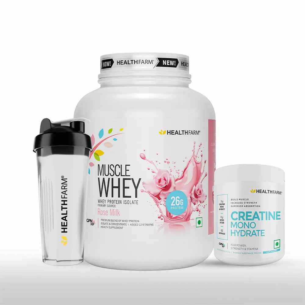 HEALTHFARM Best Selling Combo (Muscle whey Protein 2kg Rose Milk + Creatine 250gms+ Plastic Shaker )