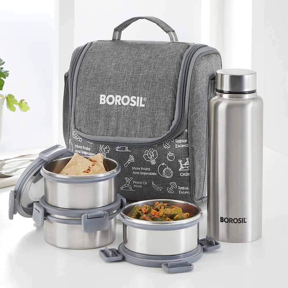 Borosil Slate Round Stainless Steel Lunchbox with Bottle | Spill Proof | Durable Food Storage Set
