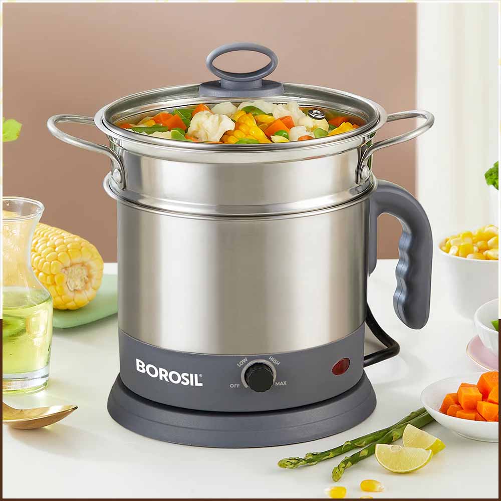 Borosil Quick Multipurpose Kettle 1.3L | Stainless Steel | Steamer Idli Egg Boiler | Temperature Control