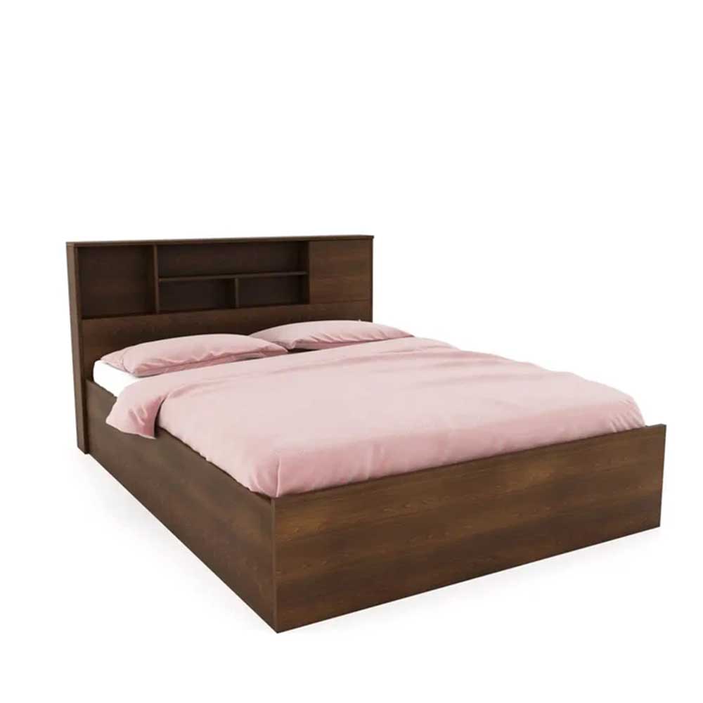 Nilkamal Mozart Queen Bed with Storage Walnut | Engineered Wood Bed | Headboard Shelves & Storage